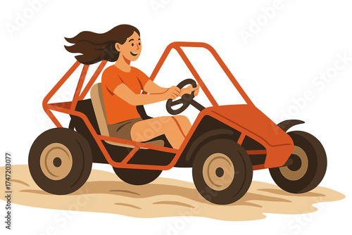 Women and girls enjoy extreme dune buggy rides on sand, driving buggy cars for an adventurous holiday
