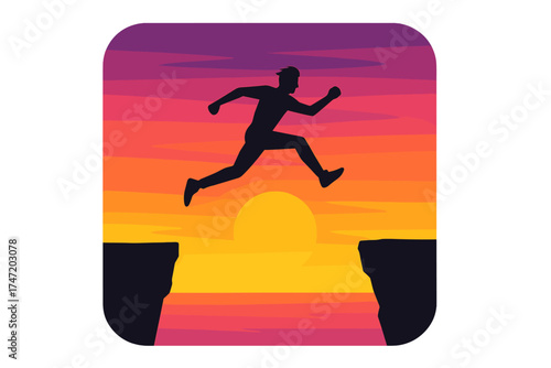 Silhouetted figure leaps across a cliff gap at a vivid sunset