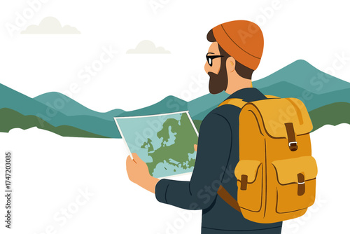 A hipster hiker tourist with a yellow backpack and a map of Europe stands on green grass in the mountains, overlooking a blurred panoramic landscape while planning a relaxed holiday trip