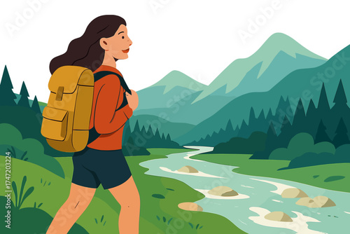A stunning female hiker enjoys spectacular vistas near a rugged mountain river