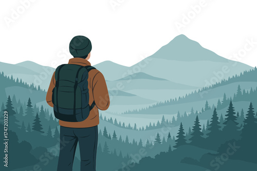 A backpack‑wearing traveler stands gazing at mountains, embodying discovery, exploration, hiking, adventure tourism, and travel, amid a realistic foggy forest landscape as a wilderness explorer