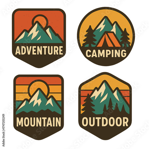 A colorful, rustic mountain badge design for a t-shirt, part of a vintage adventure badge collection, featuring a retro-style camping emblem with a mountain illustration isolated on a black