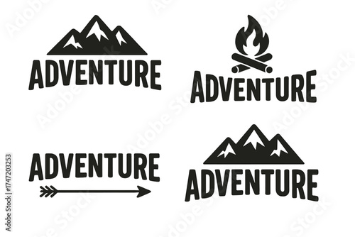 Large black‑and‑white Adventure lettering logos featuring vintage mountain, bonfire, and arrow motifs, designed as vector logos for your project