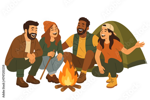 A cheerful band of millennials laughing and connecting by a campfire, exemplifying friendship and enjoyment amid a wilderness camping trip,