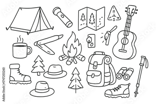 A charming hand‑drawn sketch set featuring doodle illustrations of camping, hiking, and wild adventure gear, rendered in thin, linear black‑and‑white ink outline