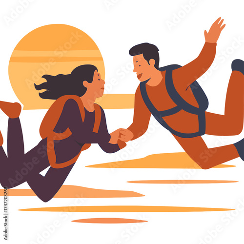 A couple skydiving together in freefall at sunset, embodying togetherness