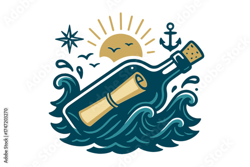 Print depicting a nautical sea adventure, marine travel, and a bottle on waves