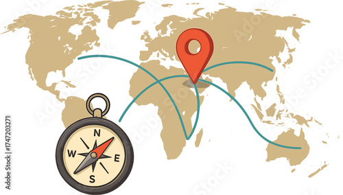 A magnetic compass and a pin marking locations on world map routes, with themes of adventure, discovery, navigation, communication, logistics, geography, transport, and travel as the background