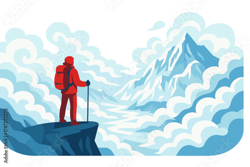 A solitary trekker in a vivid crimson coat stands on the cliff's brink, encircled by swirling clouds and frozen vistas, capturing the essence of adventure and nature's rawness