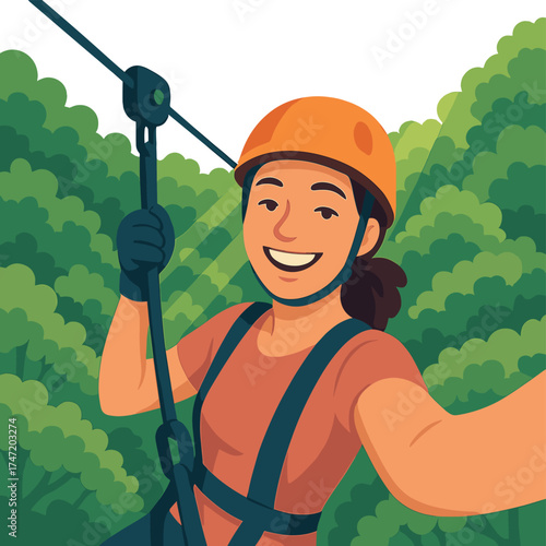 While zip lining above a lush green forest, a smiling young woman captures a selfie as sunlight streams through the dense foliage, creating a vibrant atmosphere for outdoor adventure
