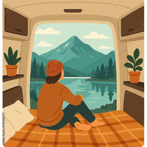 A peaceful van life moment as someone looks at a tranquil mountain lake from a snug camper interior, ideal for adventure and travel vibes