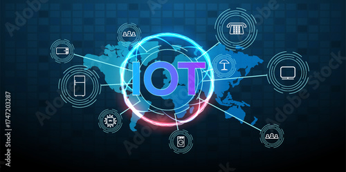 Connecting devices around the world in the Internet of Things with various icons depicting smart technology