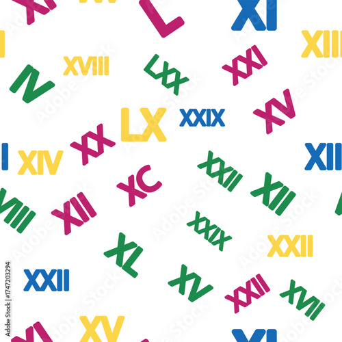 Seamless pattern with Roman numerals. Ten and twenty, thirty, forty, fifty, sixty, seventy, eighty and ninety. Algebra and geometry