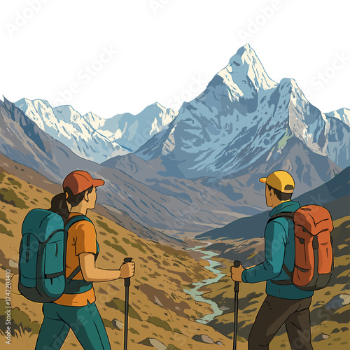 Energetic hikers trekking while savoring the Himalayan vista, heading toward Everest Base Camp valley with a view of Ama Dablam, embodying a travel sport lifestyle concept