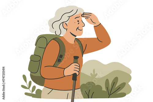 An older woman hikes outside, savoring nature as she gazes ahead, possibly guiding a trek and exploring eco‑tourism trails