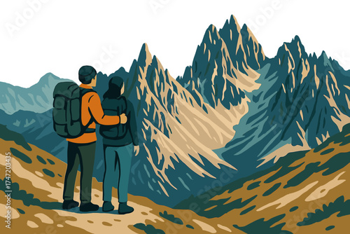 A pair of hikers stand, gazing at the breathtaking jagged peaks of the Cadini di Misurina mountain group in Italy's Dolomites, within the Tre Cime di Levaredo national park