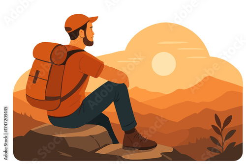 A man who enjoys hiking takes a break to look at the mountain’s summit at sunset during his adventure travel
