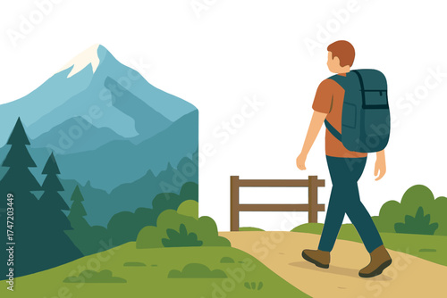 Shift the focus from the mountain landscape to a Caucasian man walking toward the hiking viewpoint