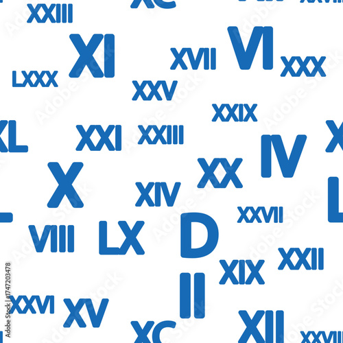 Seamless pattern with Roman numerals. Ten and twenty, thirty, forty, fifty, sixty, seventy, eighty and ninety. Algebra and geometry