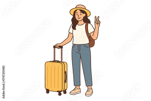 A traveling woman in a casual t‑shirt holding a suitcase stands alone against a plain pastel pink studio backdrop, embodying the idea of a tourist taking a leisure flight abroad for a restful getaway