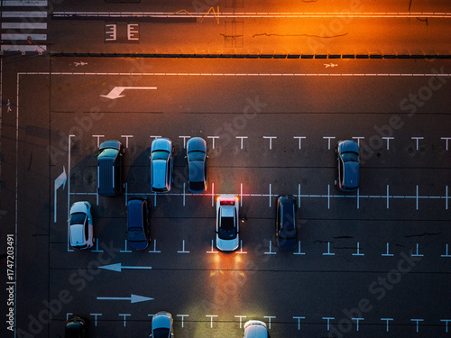 Katwijk aan Zee, South Holland, Netherlands - 09.06.2025: Aerial nighttime view of empty parking lot warm orange streetlights illuminate marked lanes and scattered cars, highlighting symmetry