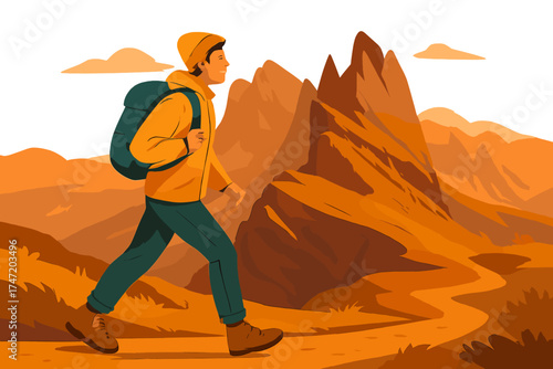 A young man is hiking the Seceda peak at sunrise, wearing a backpack, yellow jacket, boots, and a beanie, heading toward Puez Odle in the Dolomites, Trentino, Italy