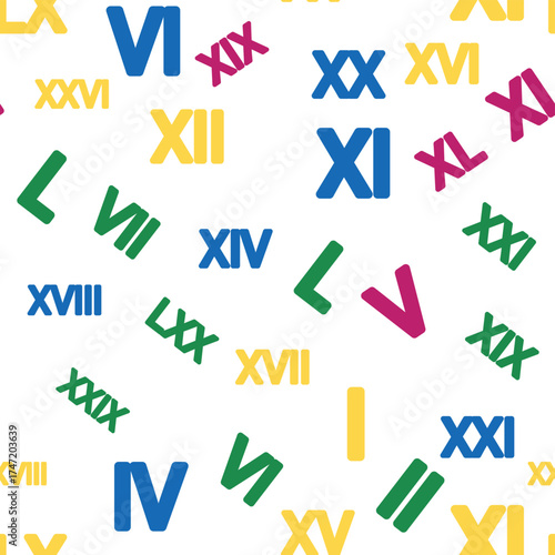 Seamless pattern with Roman numerals. Ten and twenty, thirty, forty, fifty, sixty, seventy, eighty and ninety. Algebra and geometry