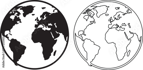 Two earth globes showcase continents in black and white ideal for educational materials and design projects