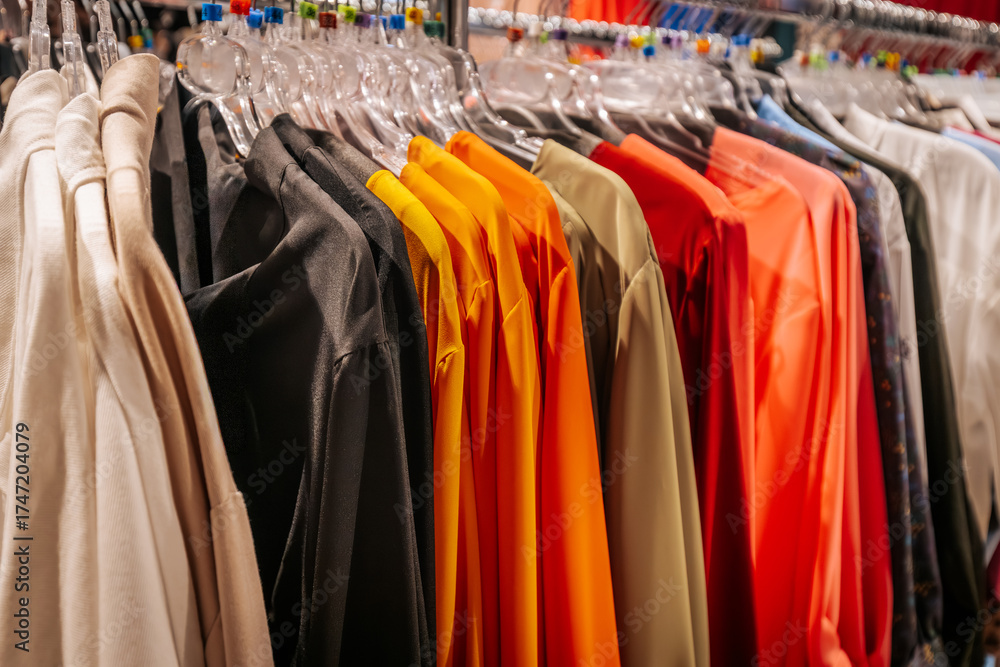 Fototapeta premium A colorful selection of tops and dresses on display in a clothing store, neatly arranged on clear plastic hangers for a vibrant shopping experience.