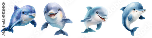 Charming cartoon dolphins smiling and swimming playfully, perfect for children's books, educational materials and vibrant ocean-themed designs that bring joy and wonder