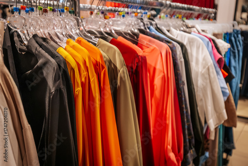 Wallpaper Mural A colorful selection of tops and dresses on display in a clothing store, neatly arranged on clear plastic hangers for a vibrant shopping experience. Torontodigital.ca