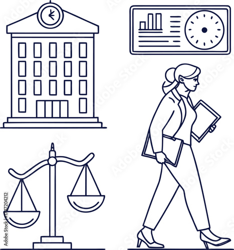 Collection of legal and business symbols including a courthouse building scales of justice a businesswoman and a financial chart with clock
