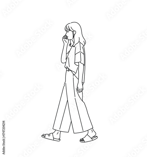 Vector art of woman walking and talking on the phone