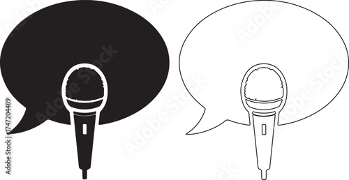 Black and white microphone with speech bubbles for podcasting or public speaking events and announcements design