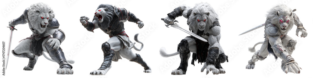 Fototapeta premium Epic fantasy warrior lions ready for battle, a formidable team of animal warriors, perfect for fantasy game art, character design, or mythical story illustrations