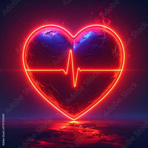 A glowing heart-shaped world, neon-lit with a heartbeat graphic