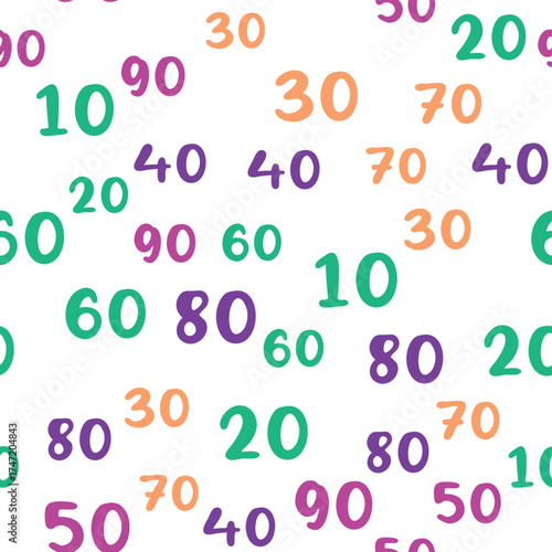 Seamless pattern with beautiful numbers. Ten, twenty, thirty, forty, fifty, sixty, seventy eighty ninety Algebra and geometry