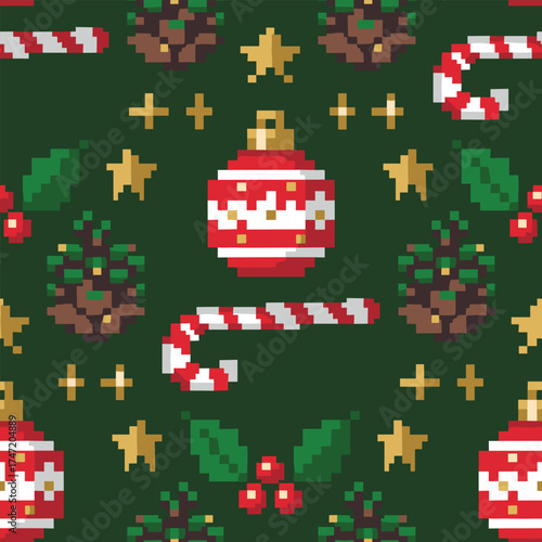 Seamless Pattern  Pixel Art Retro Christmas Background.