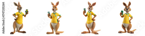 Cheerful kangaroo character dressed in sports apparel holds a phone, perfect for social media, advertising, and representing national pride and sportsmanship