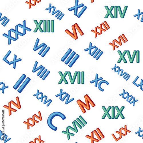 Seamless pattern with Roman numerals. Ten and twenty, thirty, forty, fifty, sixty, seventy, eighty and ninety. Algebra and geometry