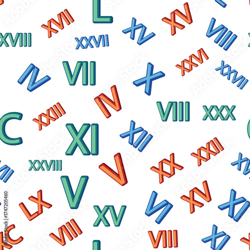 Seamless pattern with Roman numerals. Ten and twenty, thirty, forty, fifty, sixty, seventy, eighty and ninety. Algebra and geometry