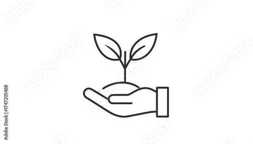 Simple line art of a hand holding a small plant sprout