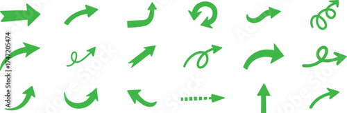 Collection of green arrows pointing in various directions, isolated on transparent background