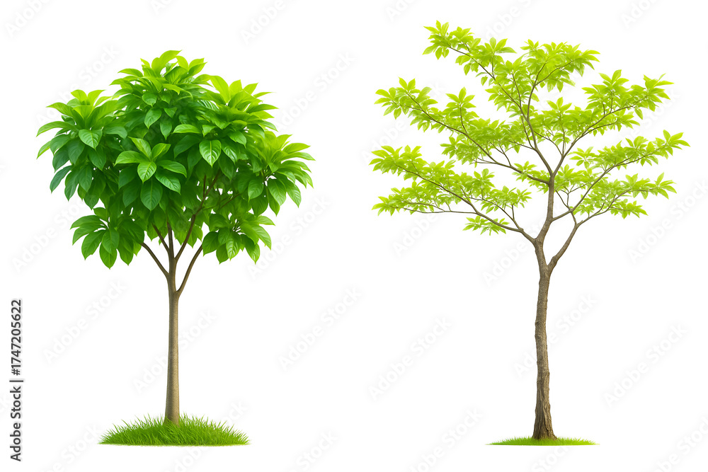Fototapeta premium Two cartoon green trees showing seasonal growth comparison on white background