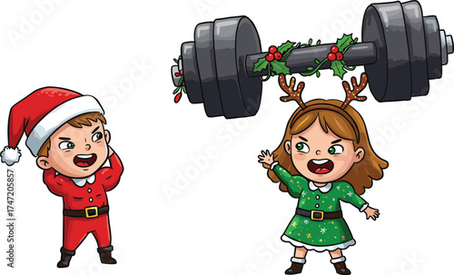 Christmas kids, festive strength, cartoon characters, Santa outfit, reindeer antlers, holiday workout, emotional contrast, winter scene, cheerful effort, playful illustration