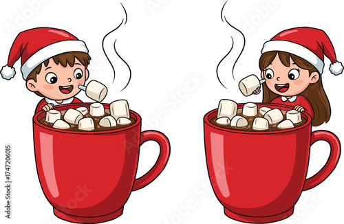 Christmas mugs, cartoon kids, hot chocolate, marshmallow joy, festive warmth, Santa hats, winter drink, cozy scene, holiday cheer, playful illustration