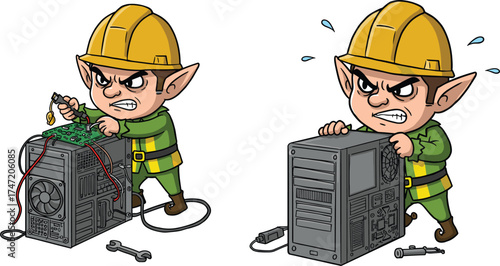 Elf technician, computer repair, cartoon chaos, hardware struggle, fantasy worker, tech frustration, construction helmet, digital maintenance, comic stress, tangled wires