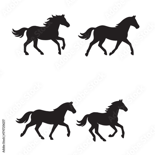 A set of four black horse silhouettes in motion on a white background, symbolizing power, freedom, and elegance. Perfect for logos, prints, icons, and design projects.