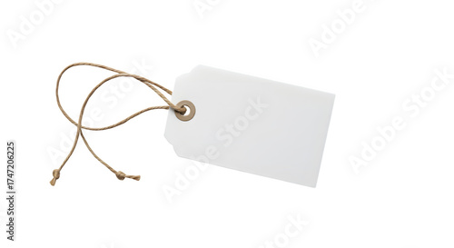 White textured tag with brown string mockup floats against black. Perfect for product labels, branding, packaging, or store promotion design.