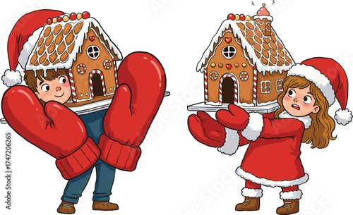 Christmas kids, gingerbread house, festive outfits, cartoon children, oversized mittens, holiday baking, candy decorations, whimsical scene, winter fun, playful illustration